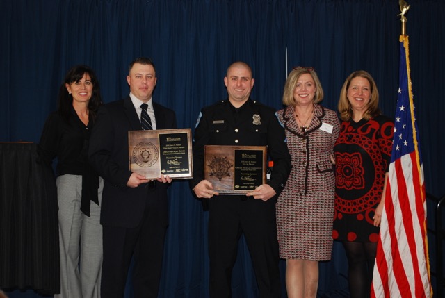 Gathered at the valor awards ceremony are (l-r) Michelle Freeman, CEO of Carl M. Freeman Companies; Deputy First Class Anthony Rhode, Worcester County Sheriff’s Department; Officer First Class Nicholas Harrington, Ocean View Police Department; Patti Grimes, executive director at Carl M. Freeman Foundation and Joshua M. Freeman Foundation; and Lauren Weaver, Bethany-Fenwick Area Chamber of Commerce executive director. SUBMITTED PHOTO